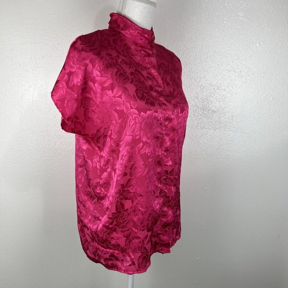 Greenwich Square Button Down Top Women 11/12 Pink Floral Embossed Satin Mandarin - Picture 3 of 13